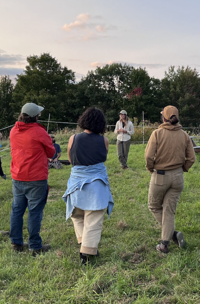 Participants listen to a farmer giving a lecture in a field.